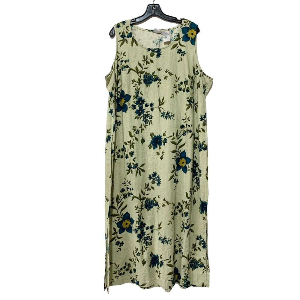 Carolina Colours Plus 20W Floral Linen Rayon Green Blue Sleeveless Shift Dress